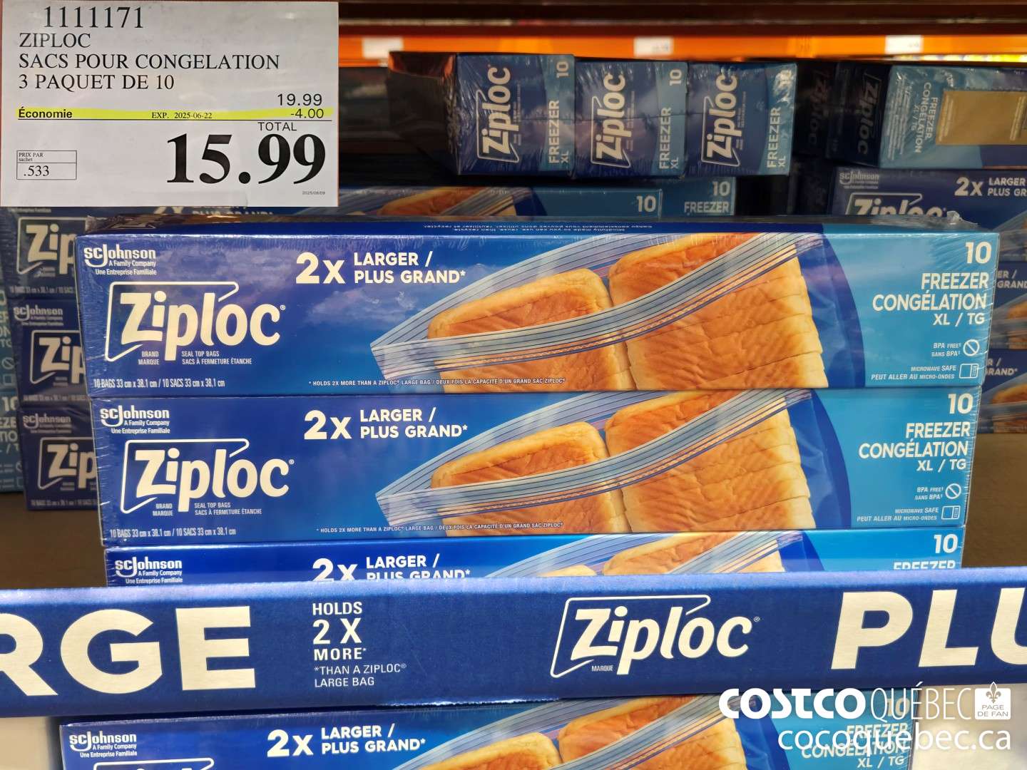 1111171 ZIPLOC SACS POUR CONGELATION 3 PAQUET DE 10  ($4.00 INSTANT SAVINGS EXPIRES ON 2025-06-22) $15.99