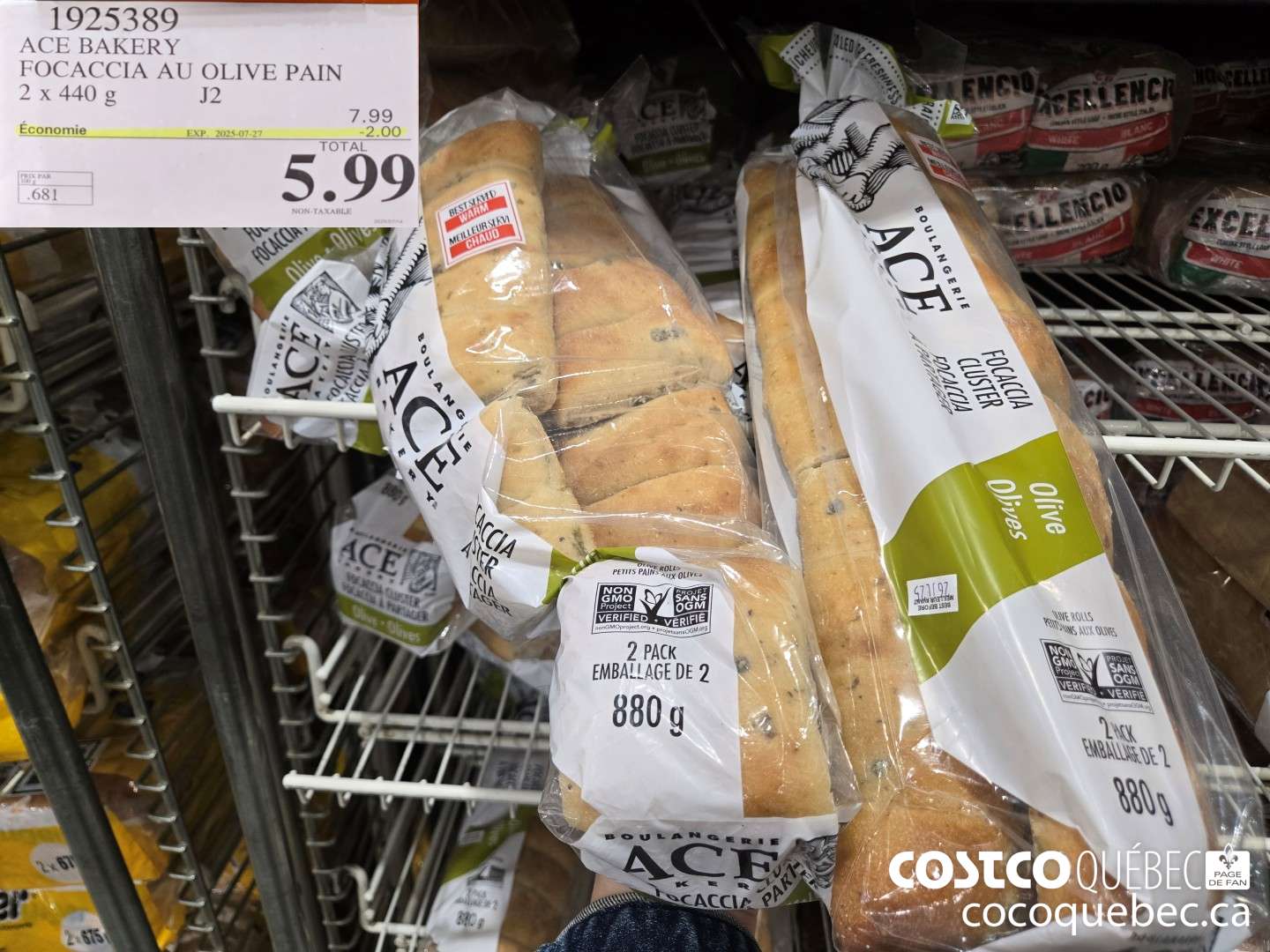 1925389 ACE BAKERY FOCACCIA AU OLIVE PAIN 2 x 440 g  (EXPIRES ON 2025-07-27) $5.99