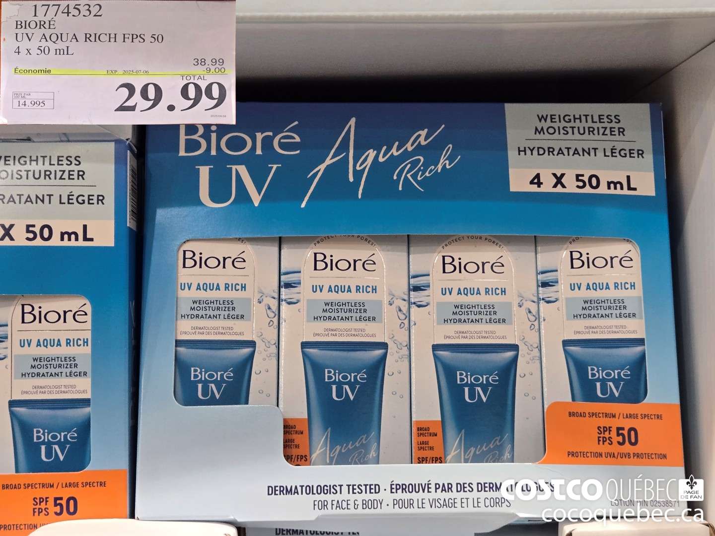 1774532 BIORE UV AQUA RICH FPS 50 4x 50 mL  ($9.00 INSTANT SAVINGS EXPIRES ON 2025-07-06) $29.99