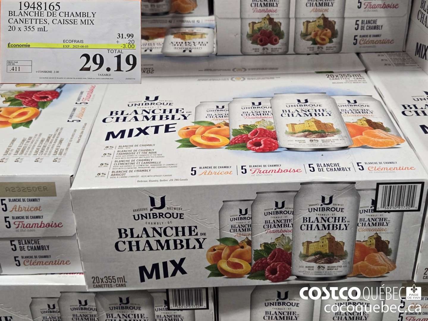 1948165 BLANCHE DE CHAMBLY CANETTES, CAISSE MIX 20 x 355 mL ee 411 au) TAXABLE +CONSIGNE 2.00  ($3.00 INSTANT SAVINGS EXPIRES ON 2025-08-03) $29.19