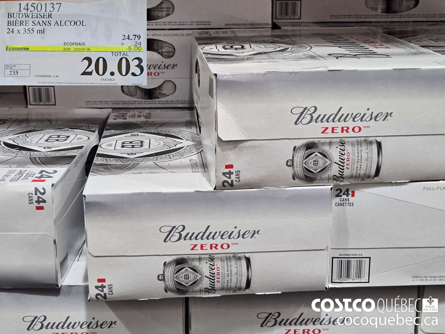 1450137 BUDWEISER ZERO CANETTES 24 x 355 mL ($5.00 INSTANT SAVINGS EXPIRES ON 2025-07-06) $20.03