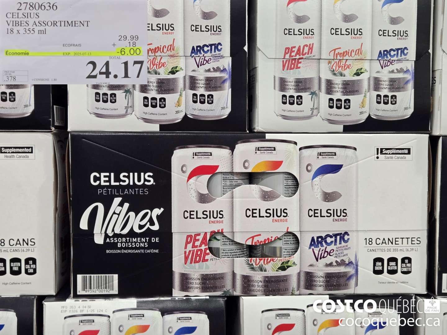 2780636 CELSIUS VIBES ASSORTIMENT 18 x 355 ml  ($6.00 INSTANT SAVINGS EXPIRES ON 2025-07-13) $24.17