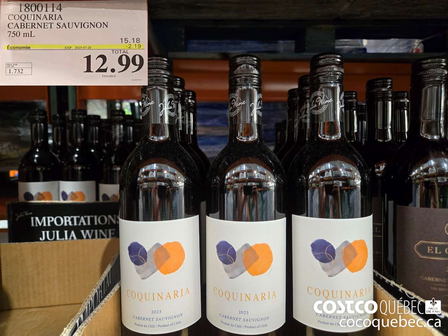 1800114 COQUINARIA CABERNET SAUVIGNON 750 mL  ($2.19 INSTANT SAVINGS EXPIRES ON 2025-07-20) $12.99