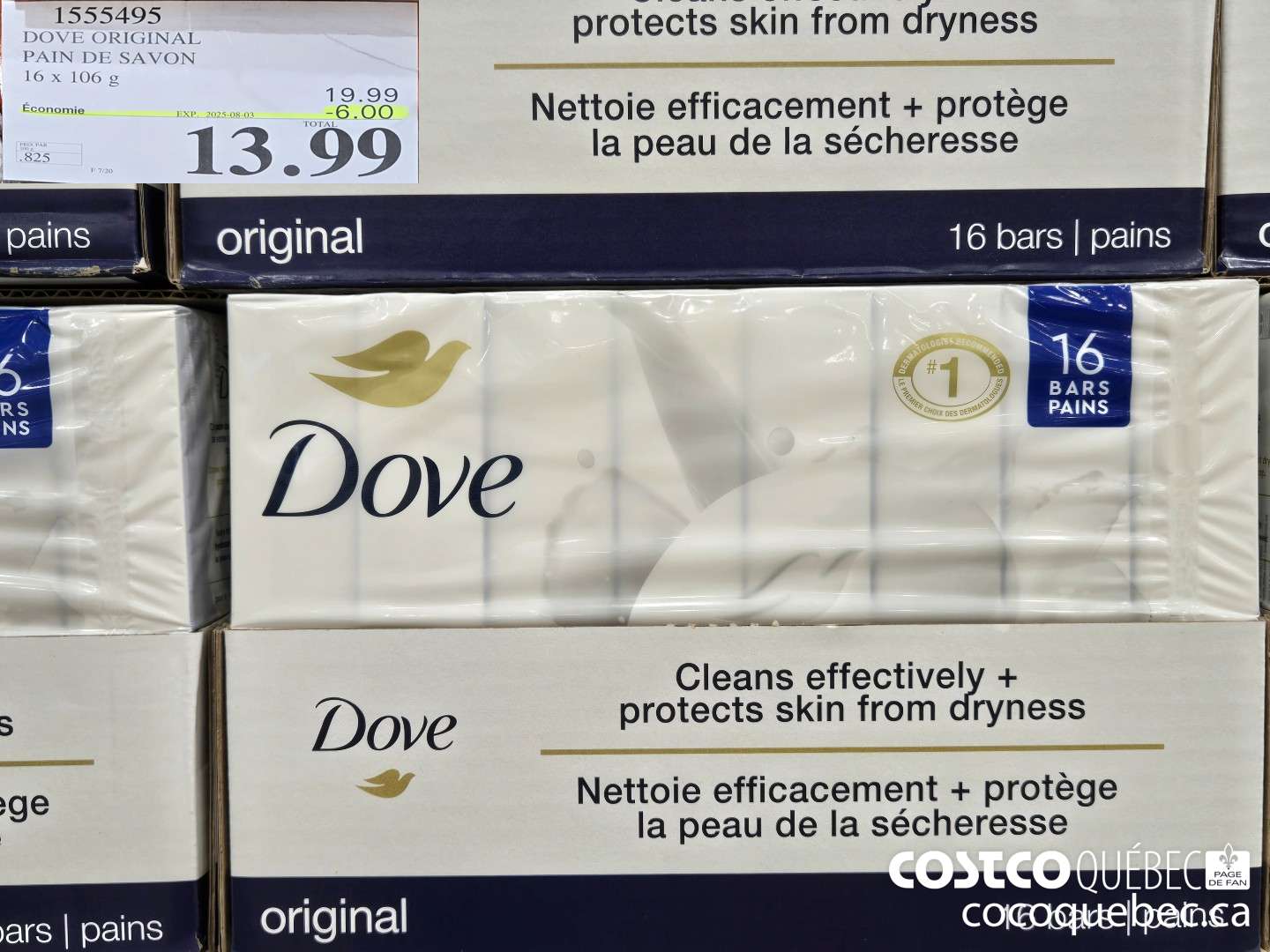 1555495 DOVE SAVONS ORIGINAL 16 x 106 g ($6.00 INSTANT SAVINGS EXPIRES ON 2025-08-03) $13.99