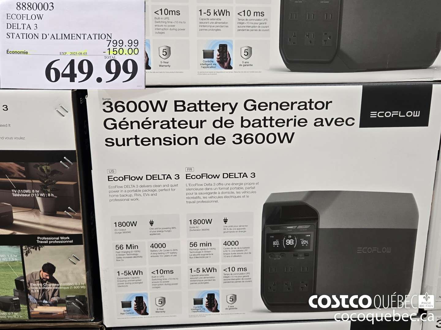 8880003 ECOFLOW DELTA 3 STATION D'ALIMENTATION  ($150.00 INSTANT SAVINGS EXPIRES ON 2025-08-03) $649.99