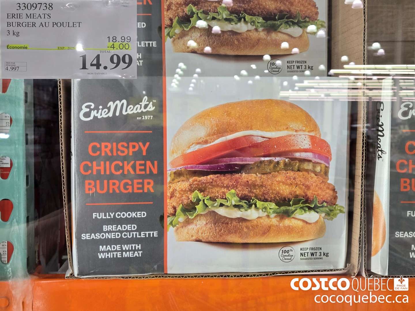 3309738 ERIE MEATS BURGER AU POULET 3 kg  ($4.00 INSTANT SAVINGS EXPIRES ON 2025-07-06) $14.99