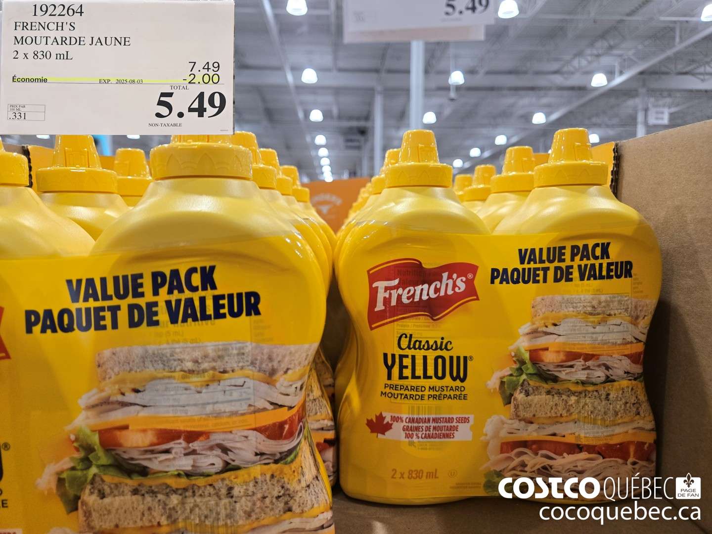 192264 FRENCH'S MOUTARDE JAUNE 2 x 830 mL ($2.00 INSTANT SAVINGS EXPIRES ON 2025-08-03) $5.49