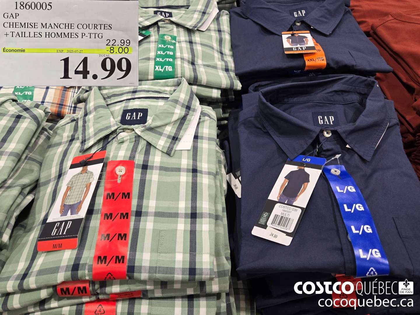 1860005 GAP CHEMISE MANCHE COURTES +TAILLES HOMMES P-TTG 23. 9¢  ($5.00 INSTANT SAVINGS EXPIRES ON 2025-07-27) $14.99