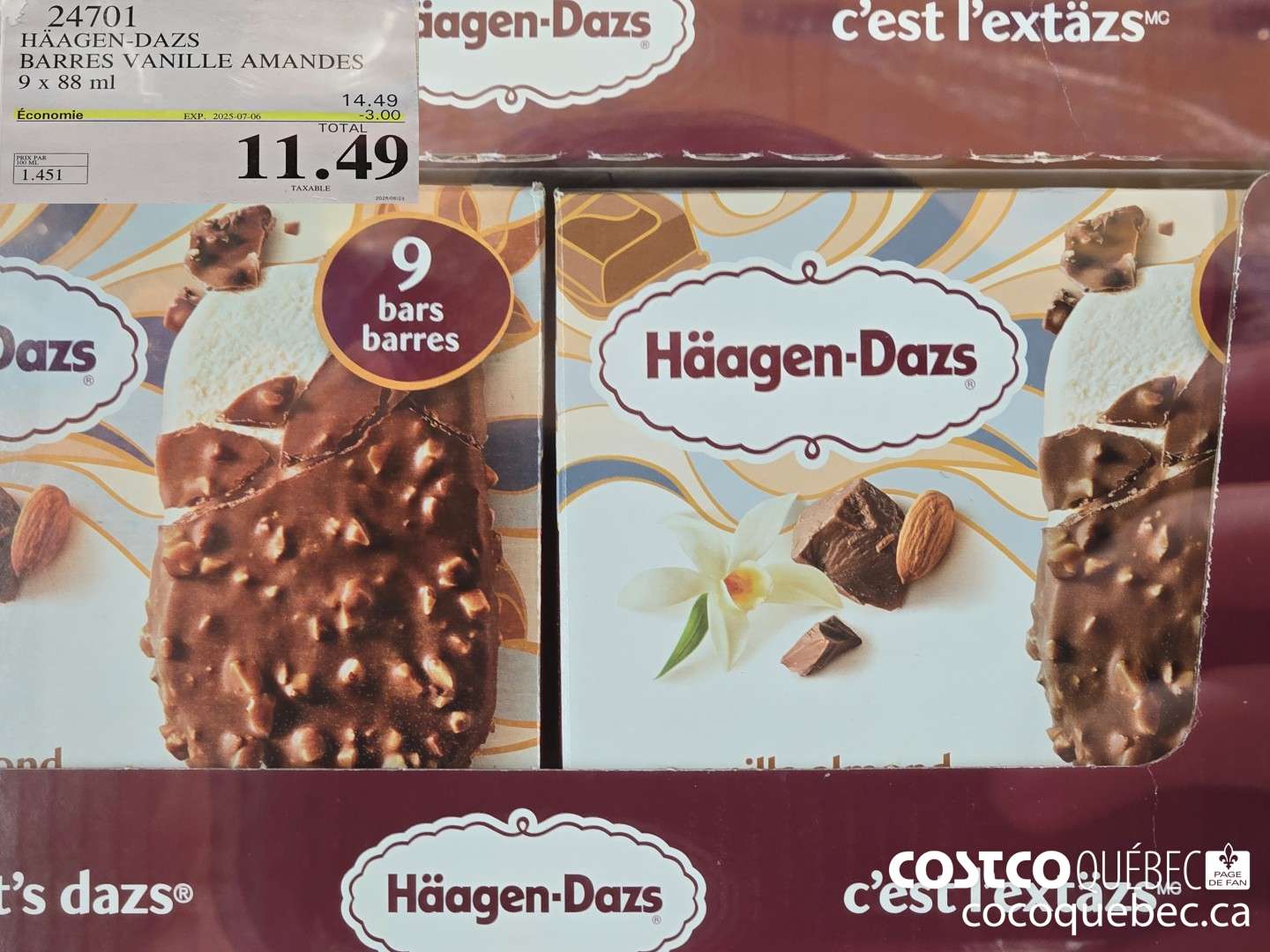 24701 HAAGAN -DAZS BARRES VANILLE AMANDES 9 x 88 mL ($3.50 INSTANT SAVINGS EXPIRES ON 2025-07-06) $11.49