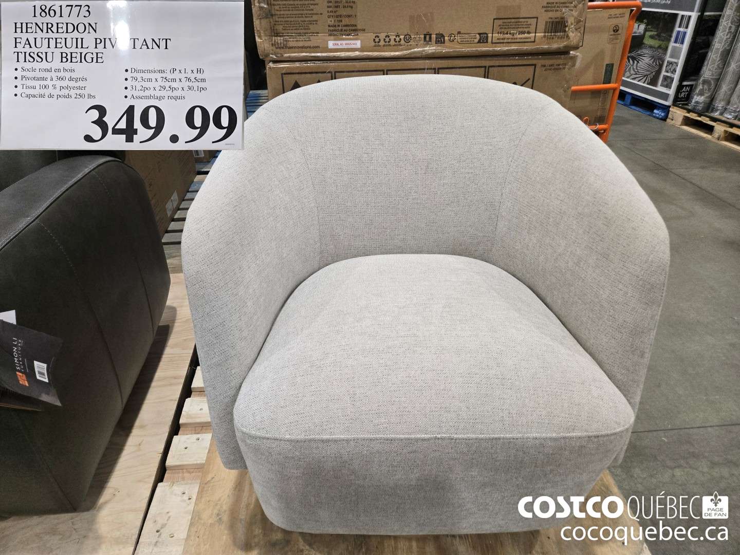 861773 HENREDON FAUTEUIL PIV TANT TISSU BEIGE  $349.99