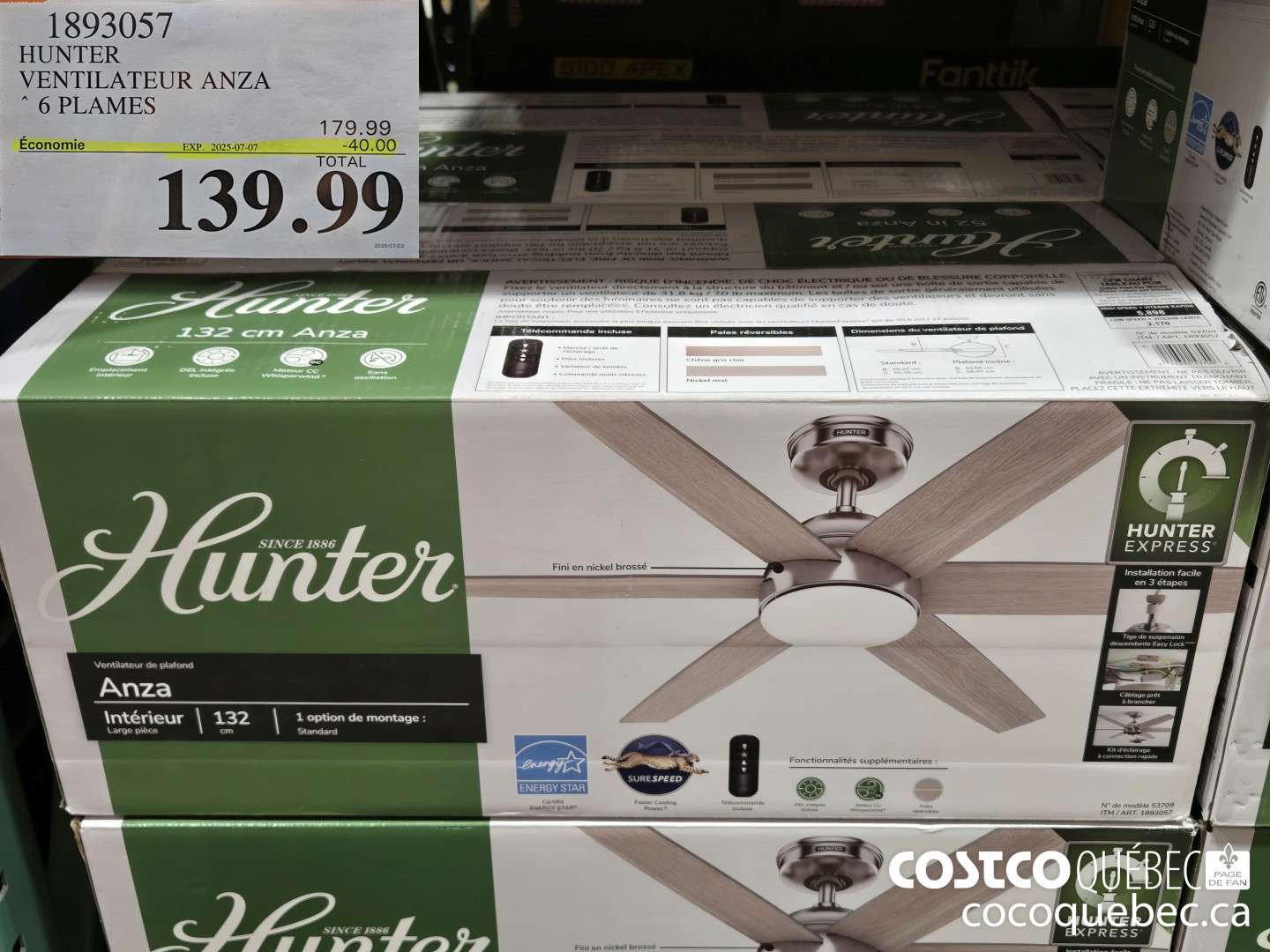 1893057 HUNTER VENTILATEUR ANZA * 6 PLAMES  ($40.00 INSTANT SAVINGS EXPIRES ON 2025-07-07) $139.99