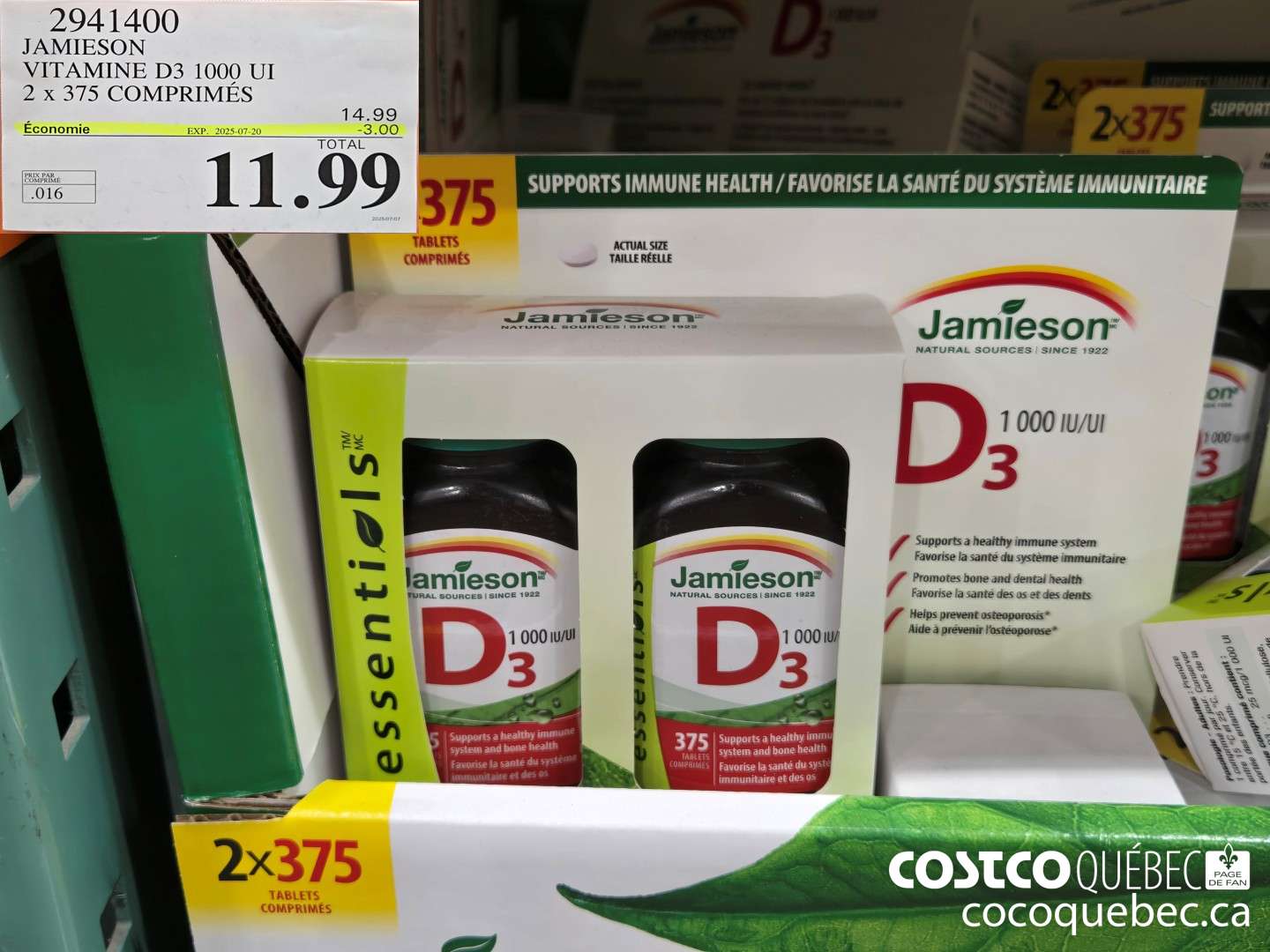 2941400 JAMIESON VITAMINE D3 1000UI 2x375 COMPRIMES ($3.00 INSTANT SAVINGS EXPIRES ON 2025-07-20) $10.99
