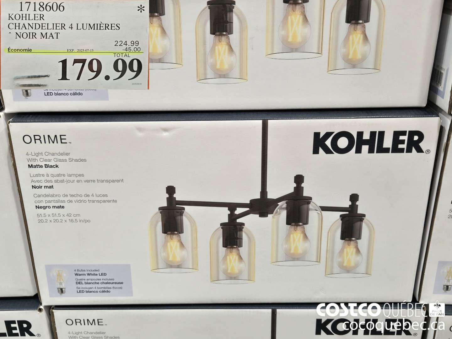1718606 KOHLER CHANDELIER 4 LUMIERES * NOIR MAT  ($45.00 INSTANT SAVINGS EXPIRES ON 2025-07-13) $179.99