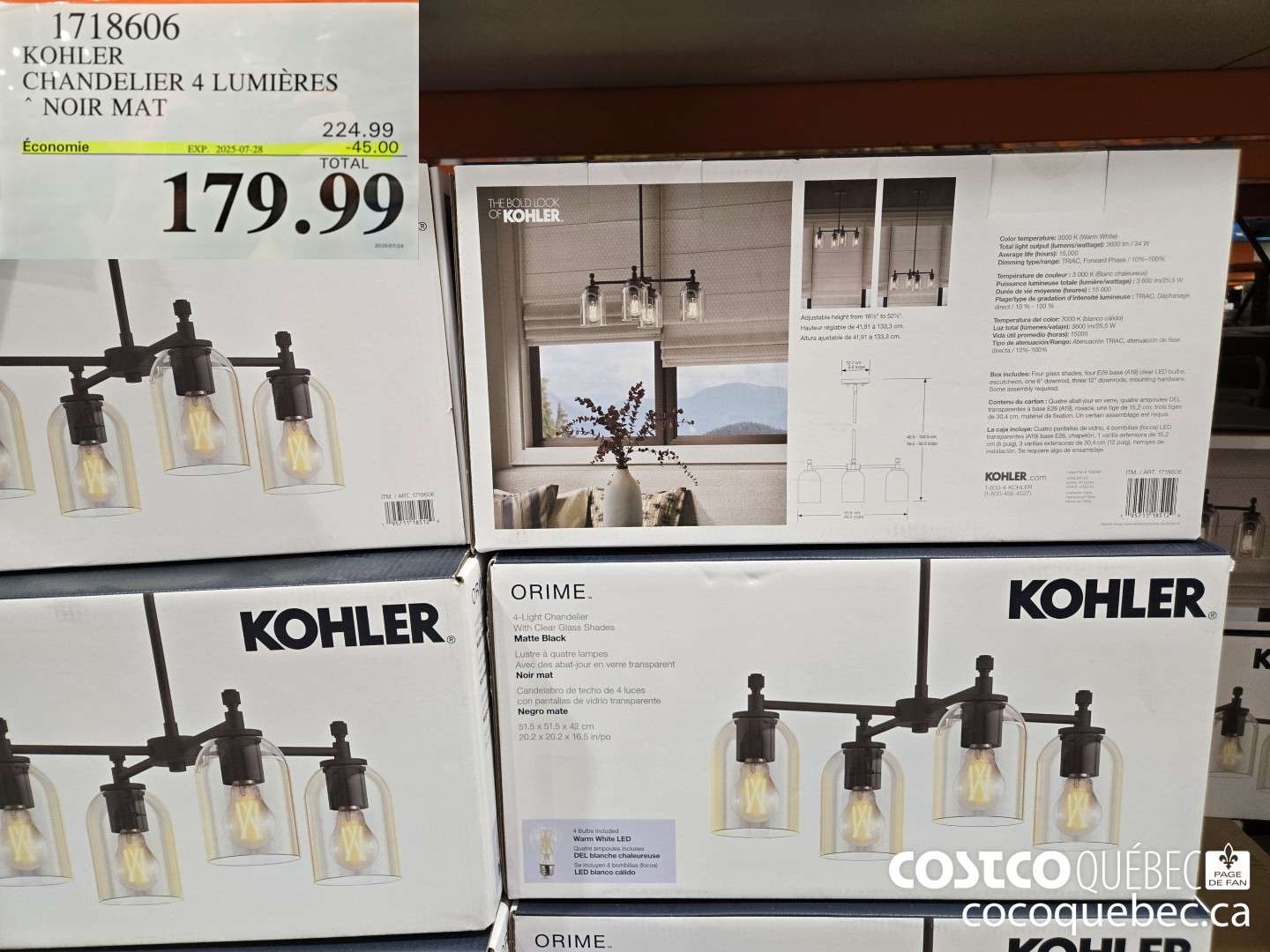 1718606 KOHLER CHANDELIER 4 LUMIERES * NOIR MAT  ($45.00 INSTANT SAVINGS EXPIRES ON 2025-07-28) $179.99