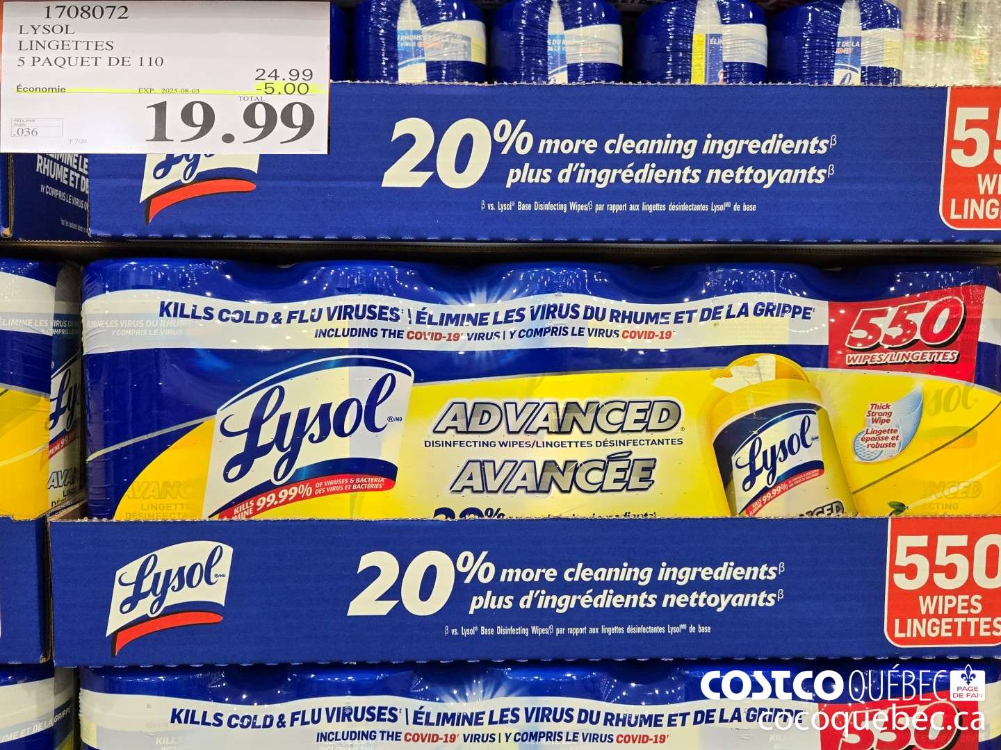 1708072 LYSOL LINGETTES 5 PAQUET DE 110  ($5.00 INSTANT SAVINGS EXPIRES ON 2025-08-03) $19.99