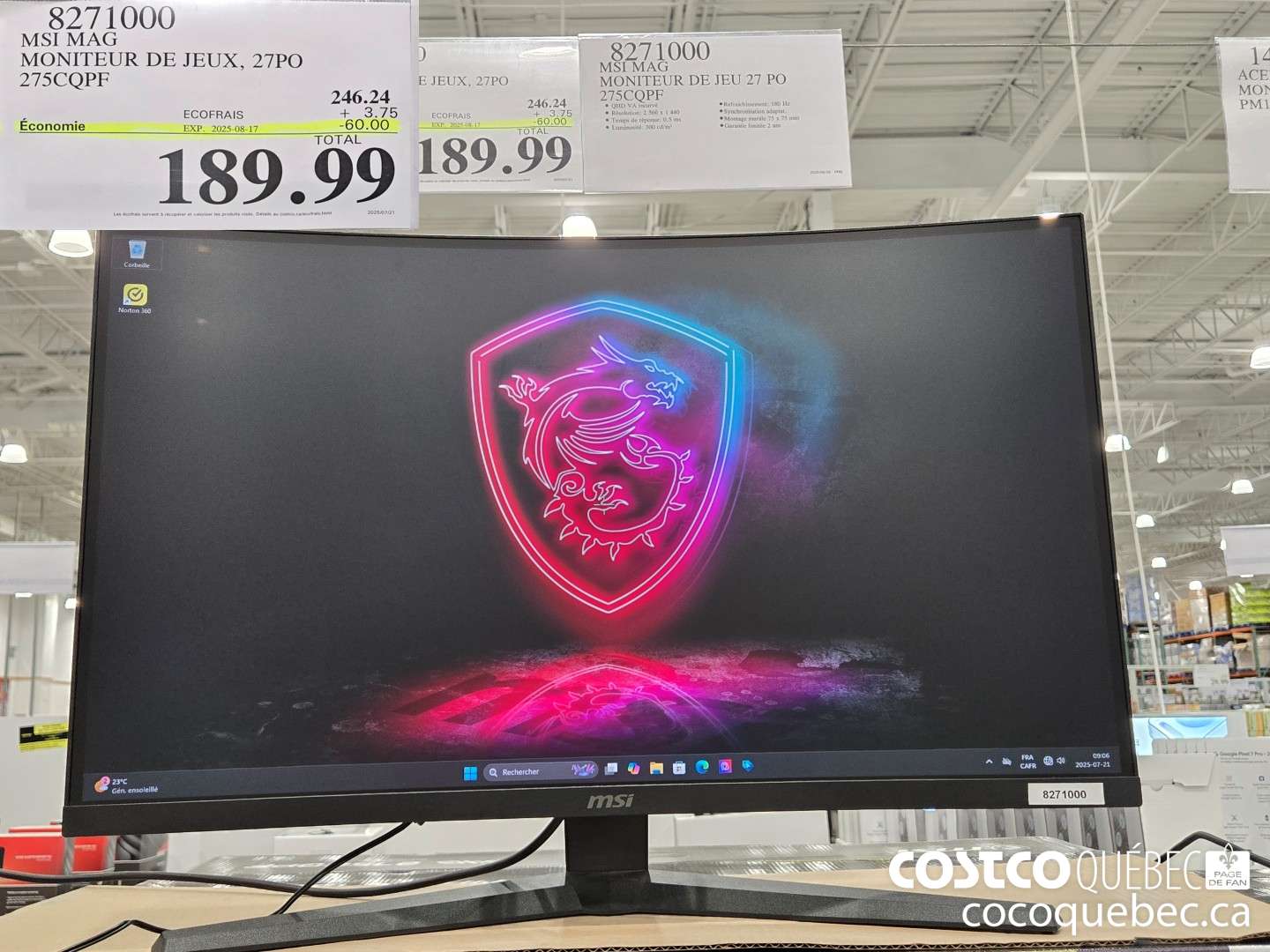 8271000 MSI MAG MONITEUR DE JEU 27 PO 275CQPF  ($60.00 INSTANT SAVINGS EXPIRES ON 2025-08-17) $189.99