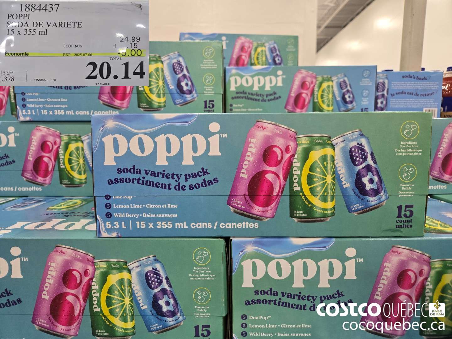 1884437 POPPI SODA DE VARIETE 15 x 355 ml  ($5.00 INSTANT SAVINGS EXPIRES ON 2025-07-06) $20.14