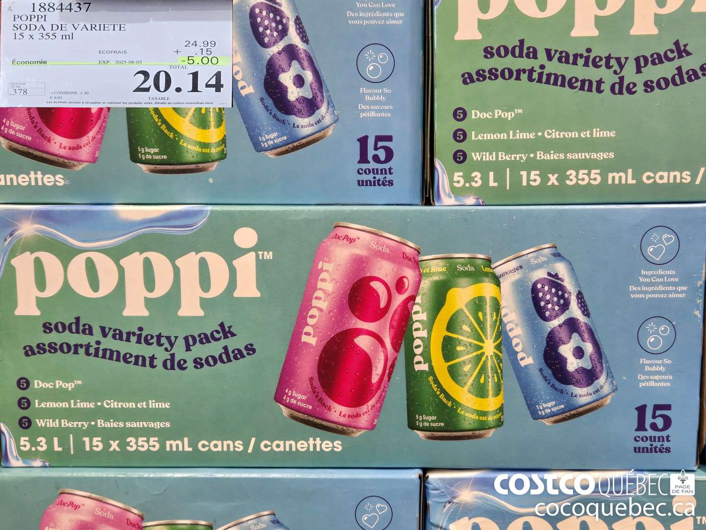 1884437 POPPI SODA DE VARIETE 15 x 355 ml  ($5.00 INSTANT SAVINGS EXPIRES ON 2025-09-03) $20.14