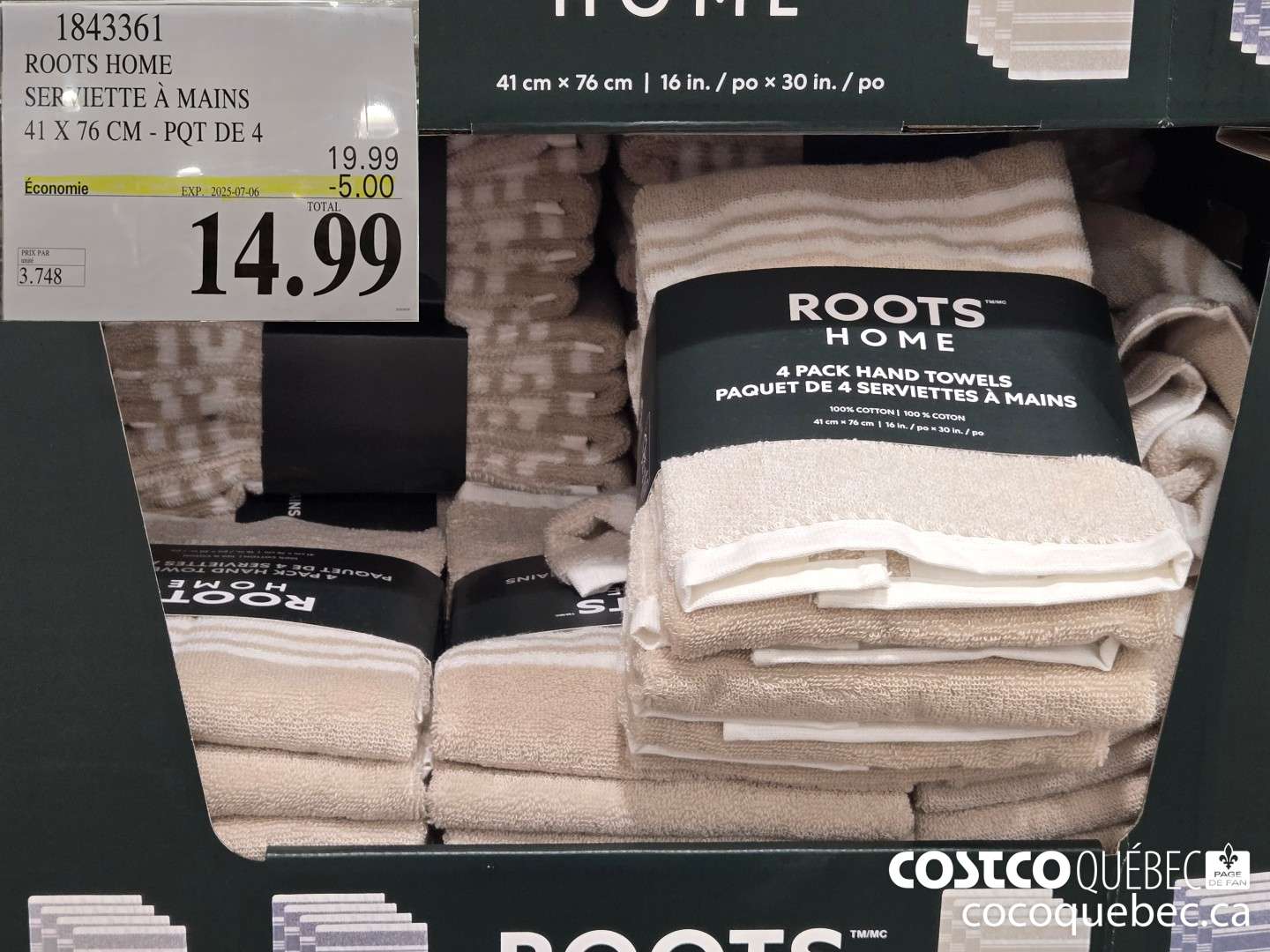 1843361 ROOTS HOME SERVIETTE A MAINS 41 X 76 CM -PQT DE 4  ($5.00 INSTANT SAVINGS EXPIRES ON 2025-07-06) $14.99