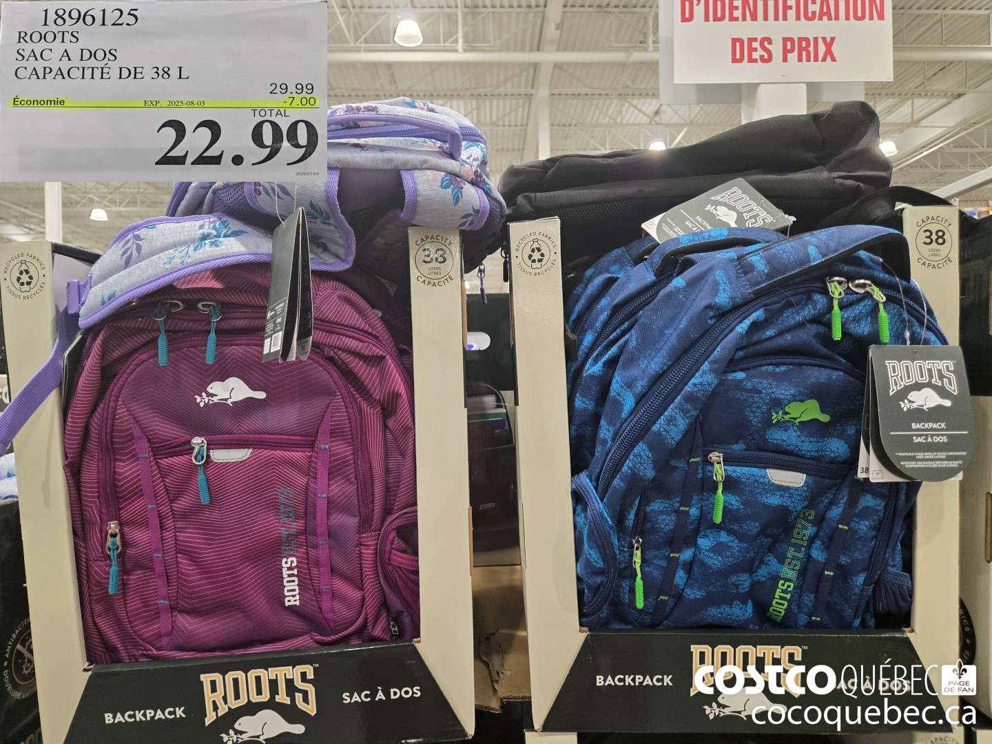 1896125 ROOTS SAC A DOS CAPACITE DE 38 L  $22.99
