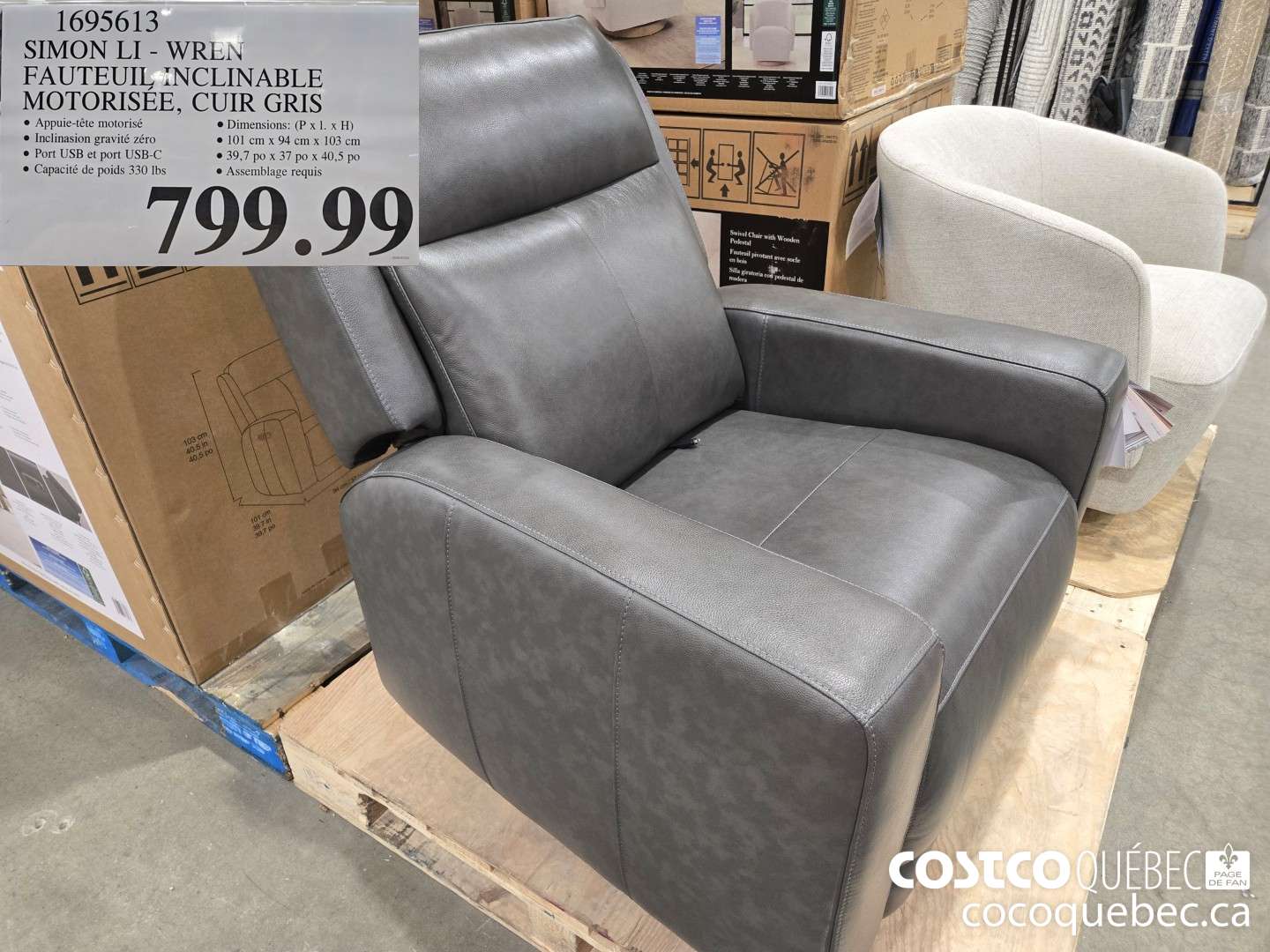 1695613 SIMON LI -WREN FAUTEUIL INCLINABLEMOTORISEE, CUIR GRIS  $799.99