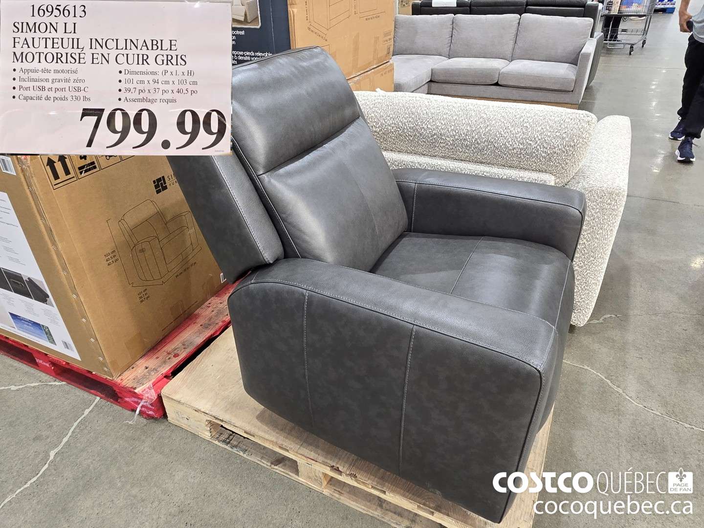 1695613 SIMON LI FAUTEUIL INCLINABLE MOTORISEE CUIR GRIS  $799.99