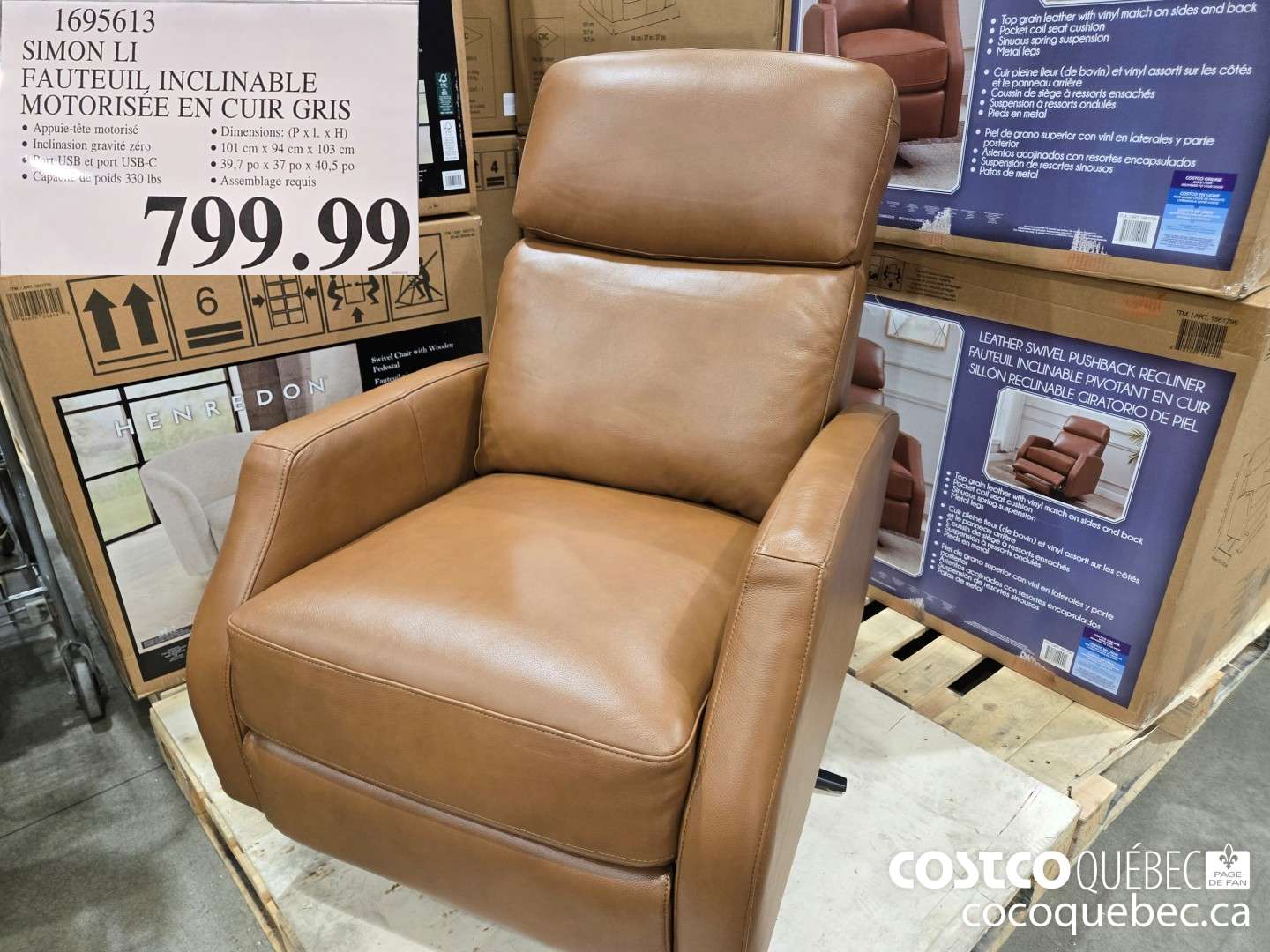 1695613 SIMON LI WREN FAUTEUIL INCLINABLEMOTORISEE CUIR GRIS  $799.99