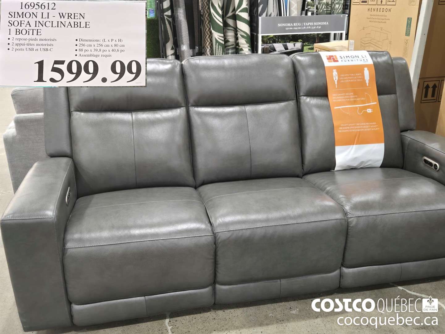 1695612 SIMON LI - WREN SOFA INCLINABLE 1 BOITE  $1599.99