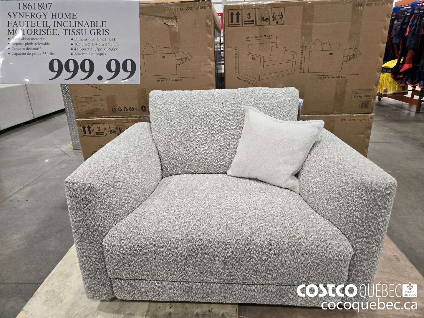 1861807 SYNERGY HOME FAUTEUIL INCLINABLE MC TORISEE, TISSU GRIS  $999.99