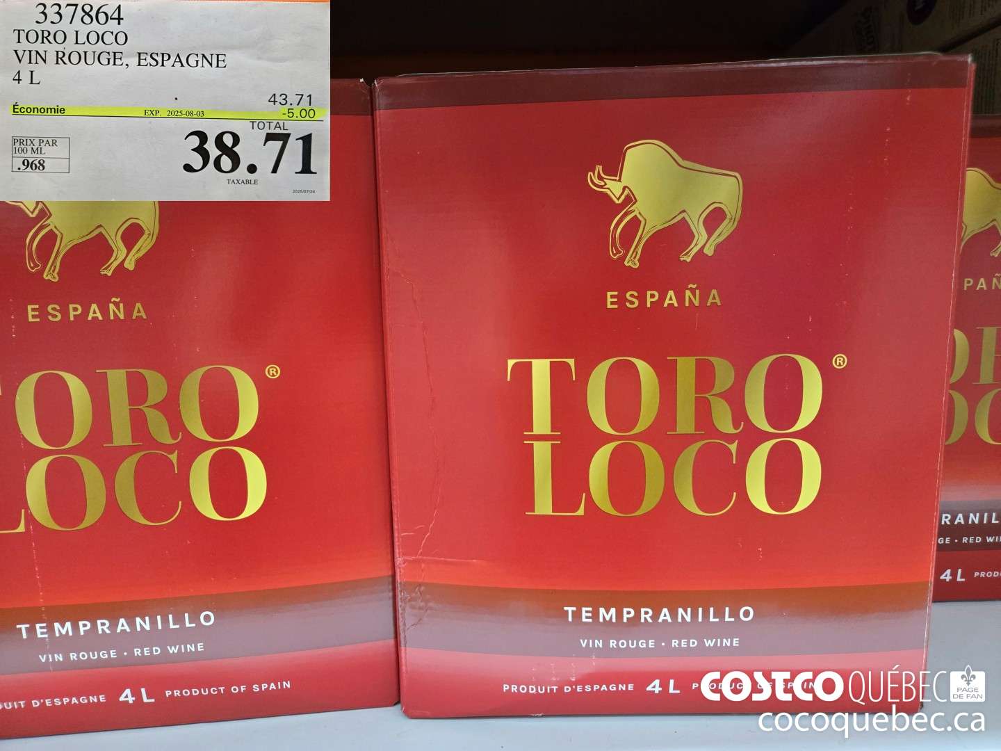 337864 TORO LOCO ESPAGNE VIN ROUGE ($4.00 INSTANT SAVINGS EXPIRES ON 2025-08-03) $38.71