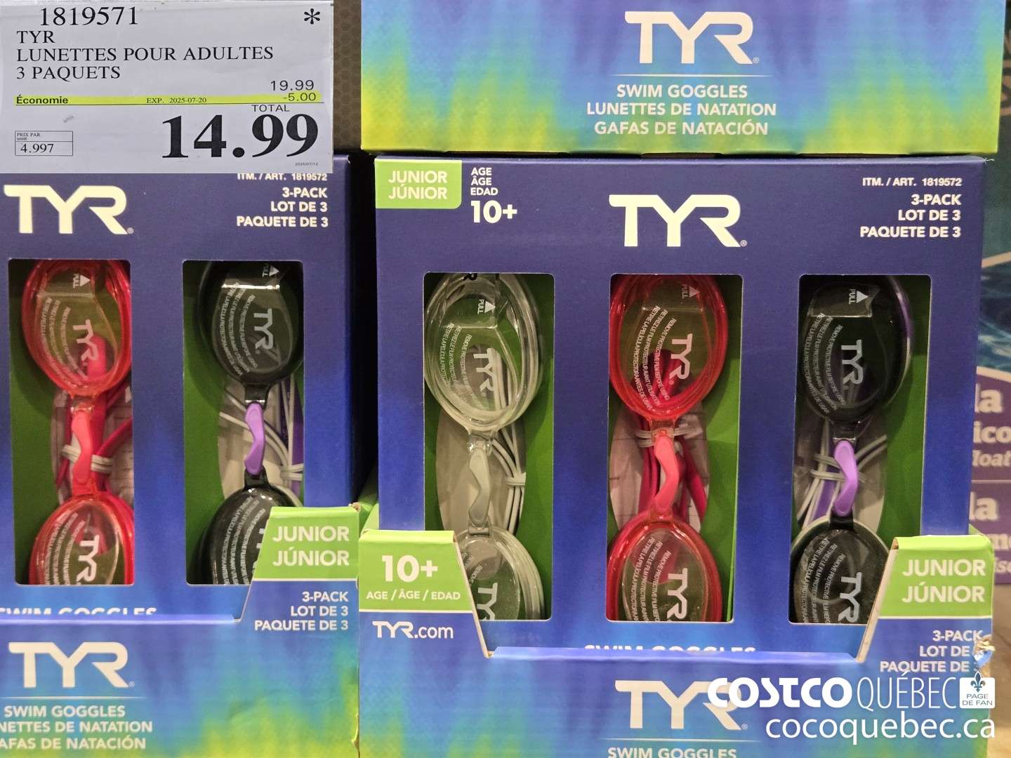1819571 TYR LUNETTES POUR ADULTES 3 PAQUETS  ($5.00 INSTANT SAVINGS EXPIRES ON 2025-07-20) $14.99