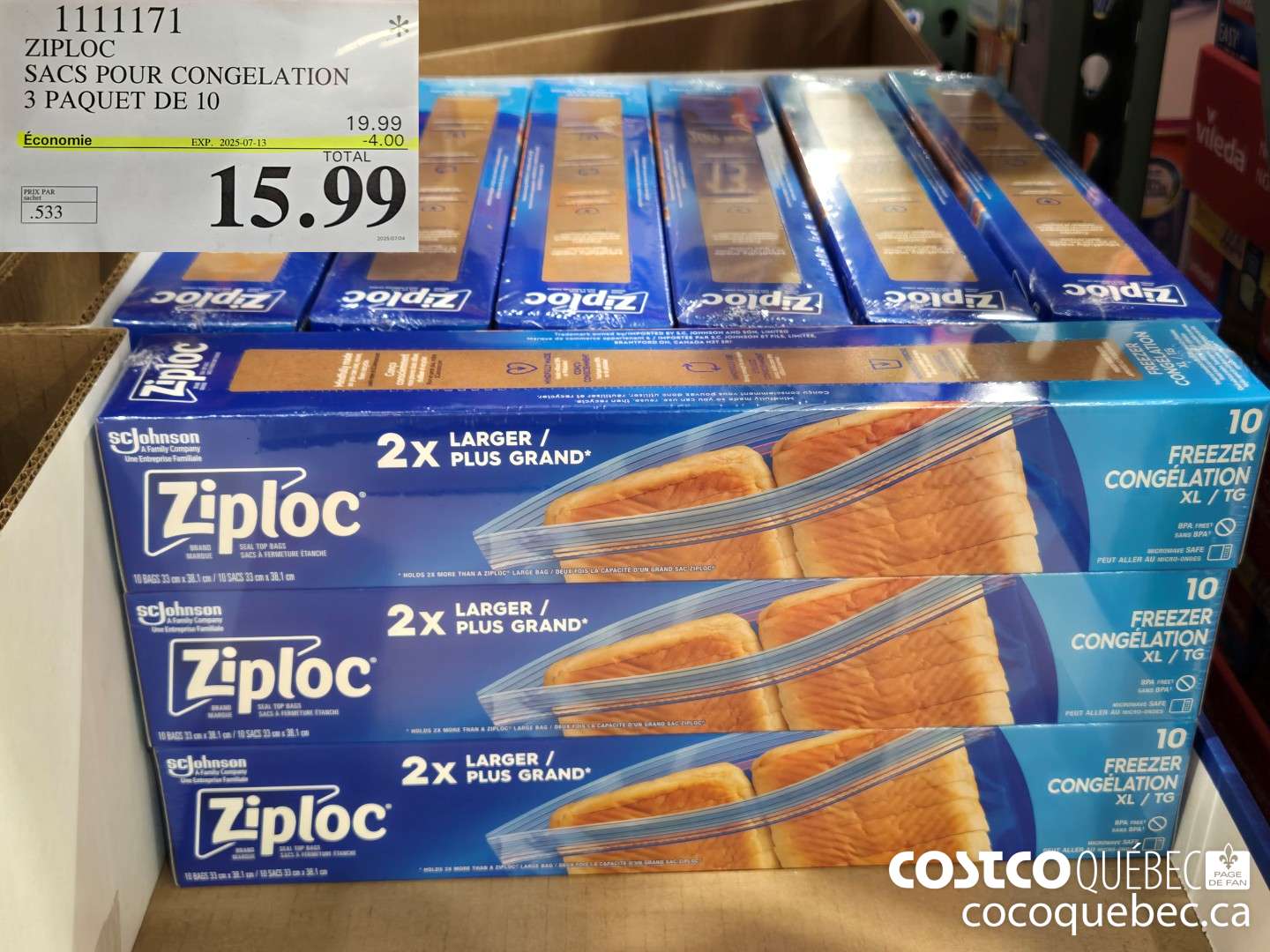 1111171 ZIPLOC SACS POUR CONGELATION 3 PAQUET DE 10  ($4.00 INSTANT SAVINGS EXPIRES ON 2025-07-13) $15.99