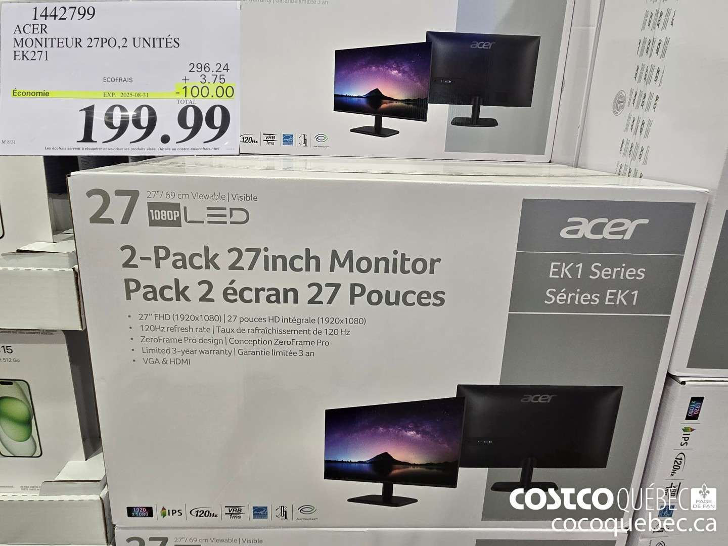 1442799 ACER MONITEUR 27PO0O 2 UNITES BKOWA  ($100.00 INSTANT SAVINGS EXPIRES ON 2025-08-31) $199.99
