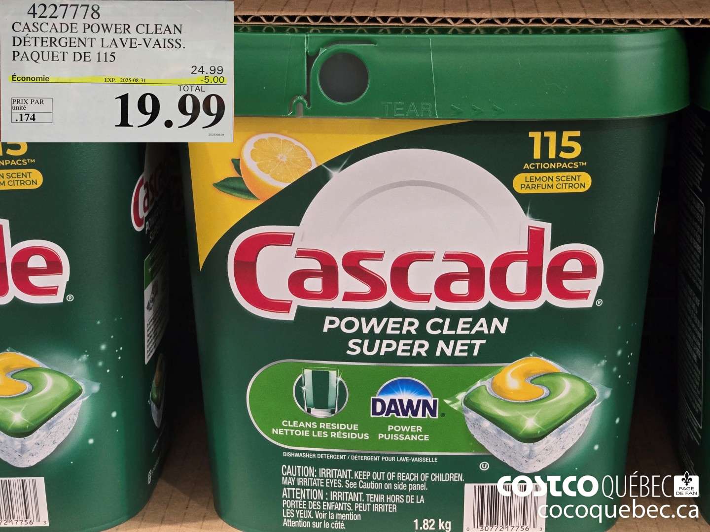 4227778 CASCADE POWER CLEAN DETERGENT LAVE-VAISS. PAQUET DE 115  ($5.00 INSTANT SAVINGS EXPIRES ON 2025-08-31) $19.99