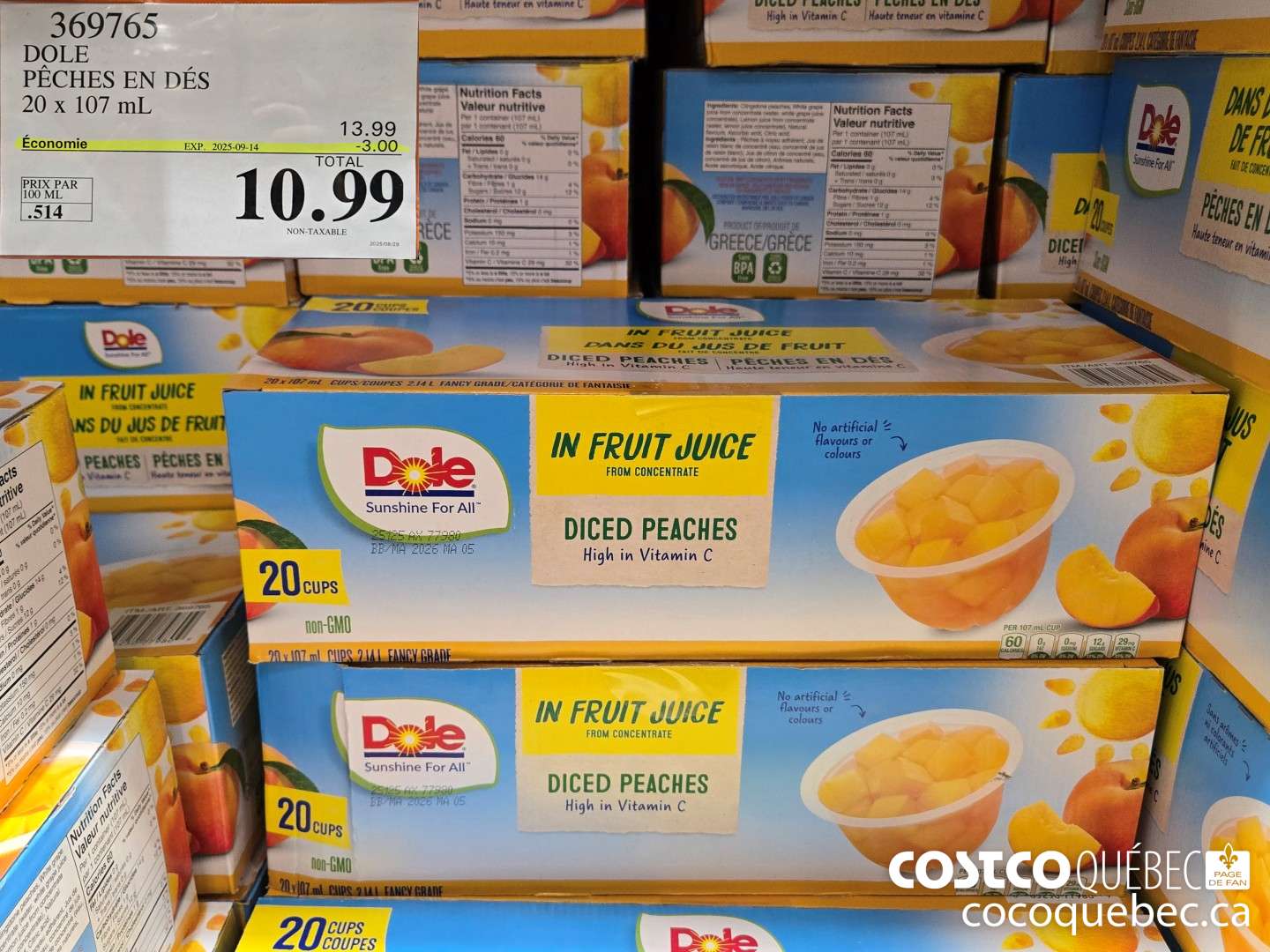 369765 DOLE PECHES EN DES 20 x 107 mL  ($3.00 INSTANT SAVINGS EXPIRES ON 2025-09-14) $10.99