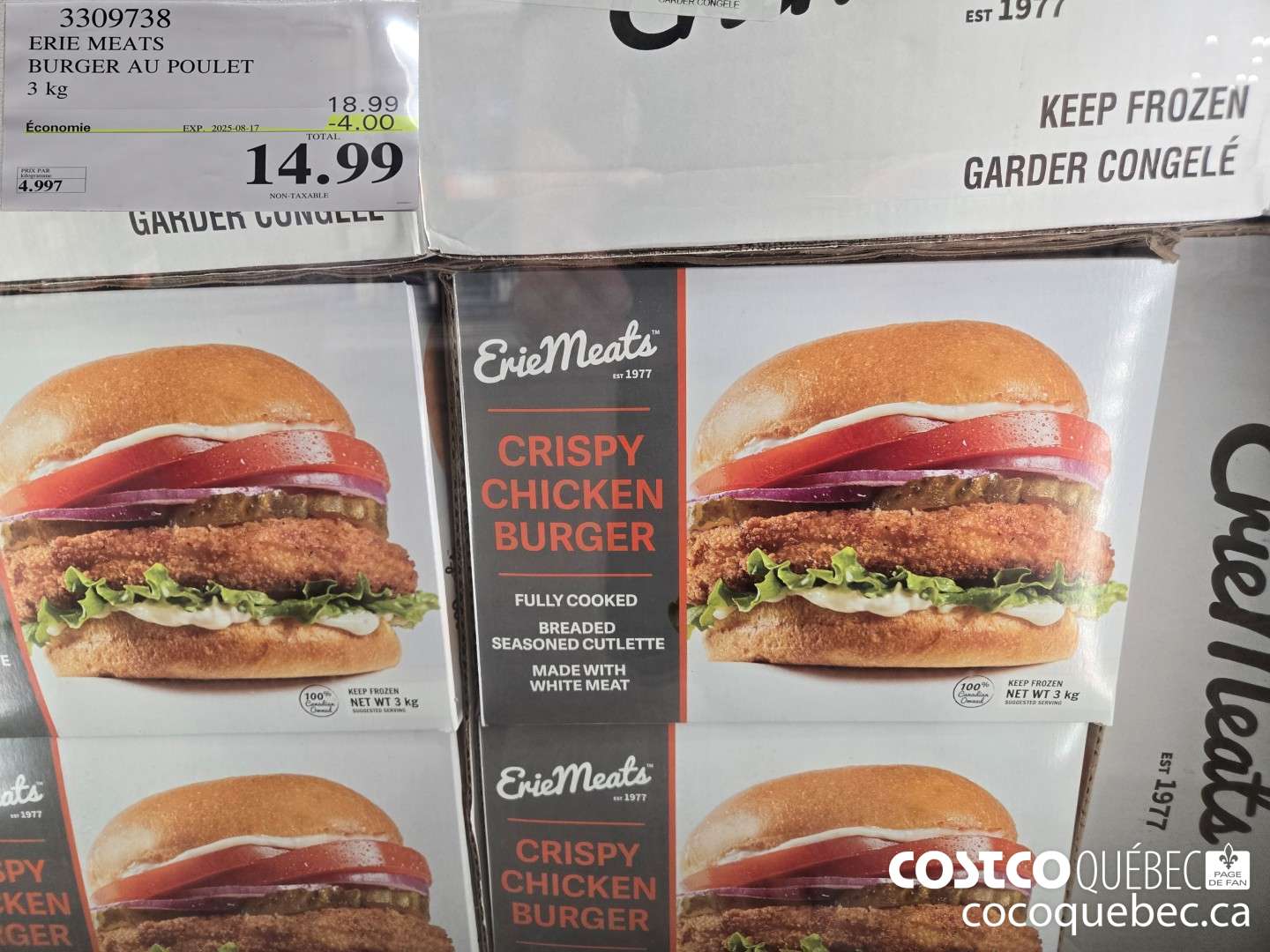 3309738 ERIE MEATS BURGER AU POULET 3 kg  ($4.00 INSTANT SAVINGS EXPIRES ON 2025-08-17) $14.99