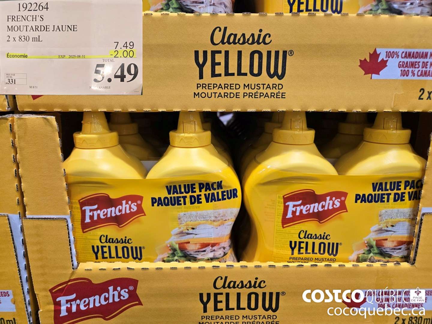 192264 FRENCH'S MOUTARDE JAUNE 2 x 830 mL ($2.00 INSTANT SAVINGS EXPIRES ON 2025-08-31) $5.49