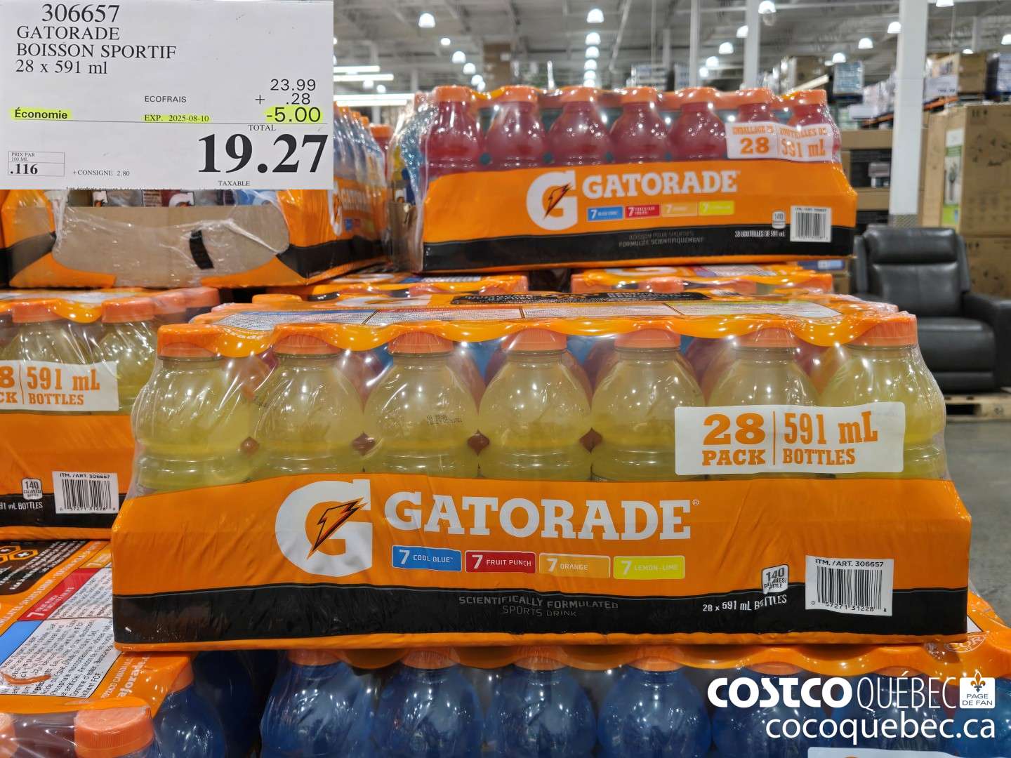 306657 GATORADE BOISSON SPORTIF 28 x 591 ml  ($5.00 INSTANT SAVINGS EXPIRES ON 2025-08-10) $19.27