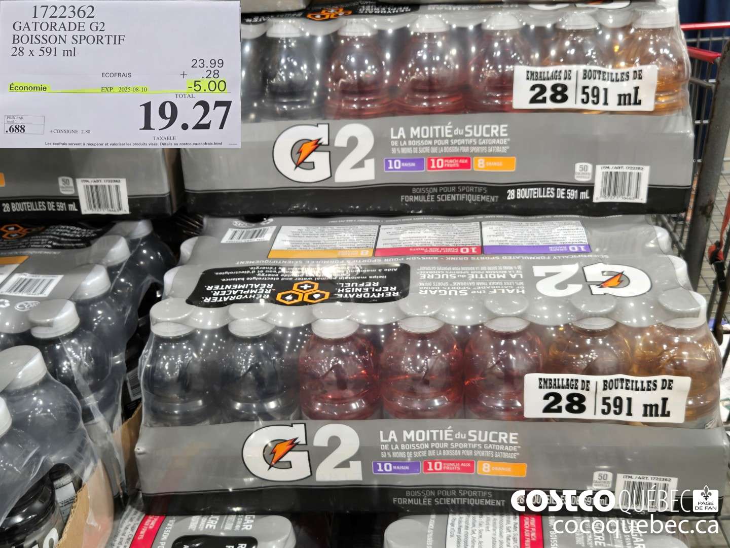 1722362 GATORADE G2 BOISSON SPORTIF 28 x 591 ml  ($5.00 INSTANT SAVINGS EXPIRES ON 2025-08-10) $19.27