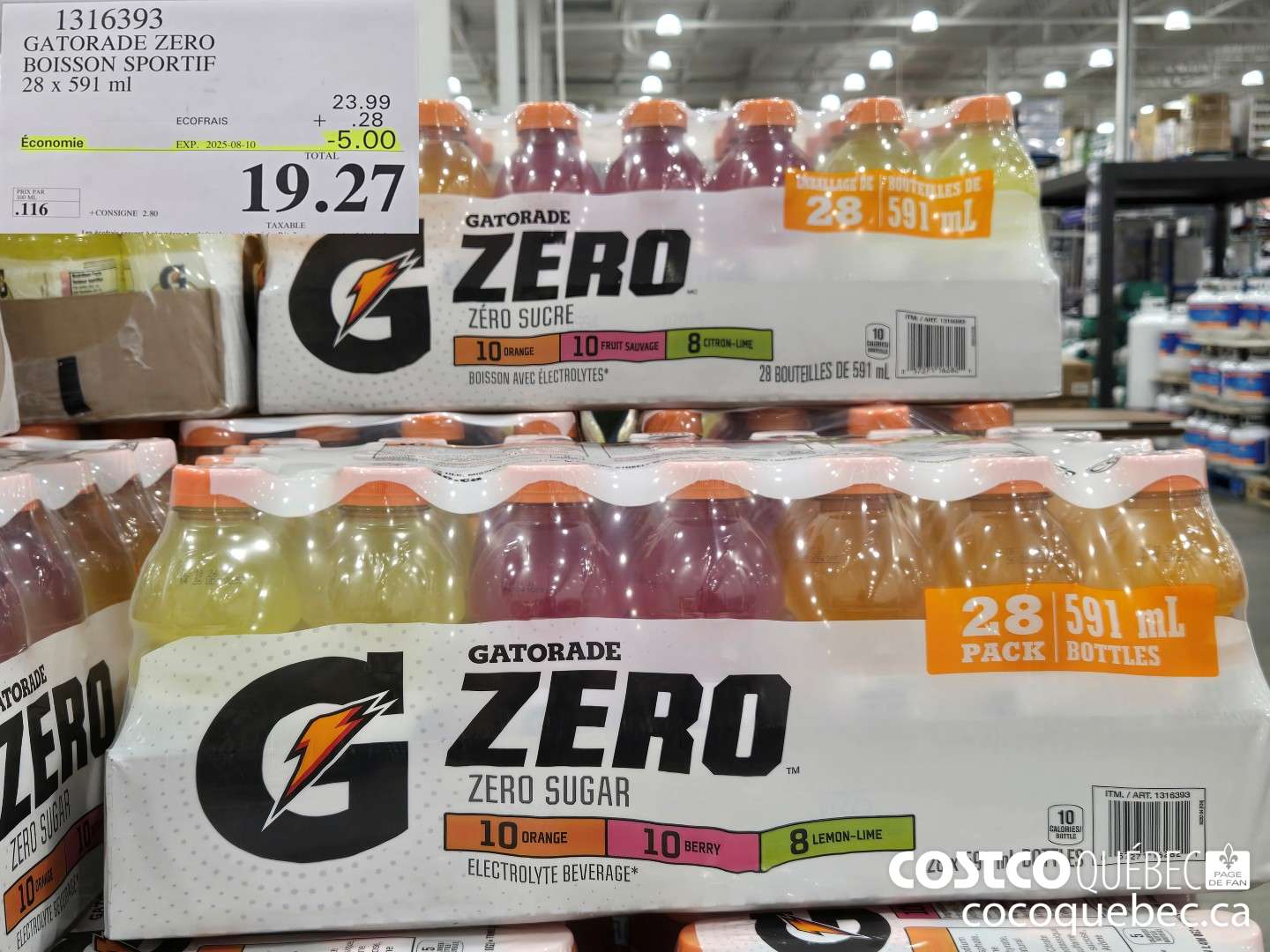 1316393 GATORADE ZERO BOISSON SPORTIF 28 x 591 ml ($5.00 INSTANT SAVINGS EXPIRES ON 2025-08-10) $19.27