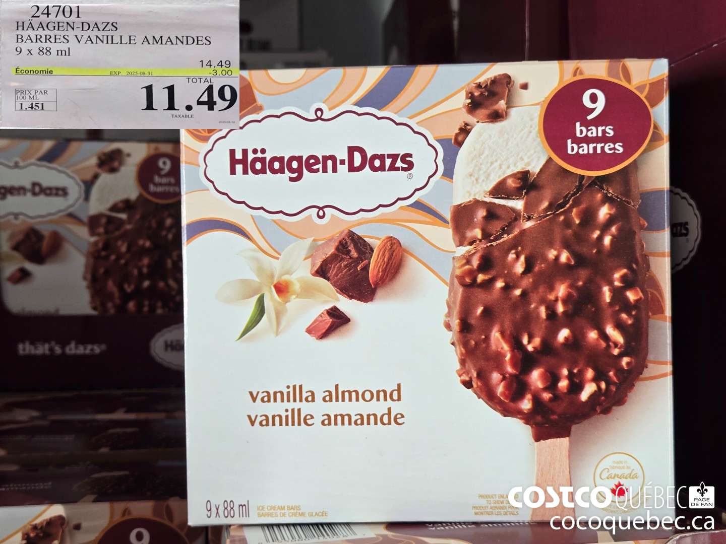 24701 HAAGAN -DAZS BARRES VANILLE AMANDES 9 x 88 mL ($3.00 INSTANT SAVINGS EXPIRES ON 2025-08-31) $11.49
