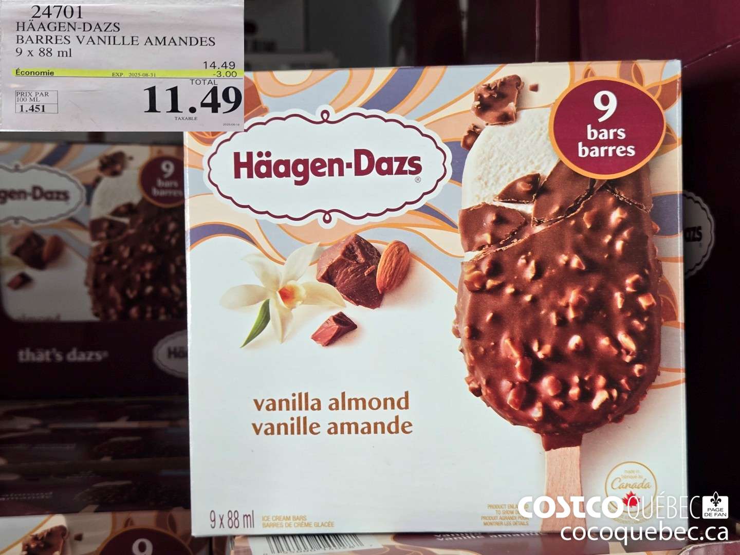 24701 HAAGAN -DAZS BARRES VANILLE AMANDES 9 x 88 mL ($3.00 INSTANT SAVINGS EXPIRES ON 2025-08-31) $11.49