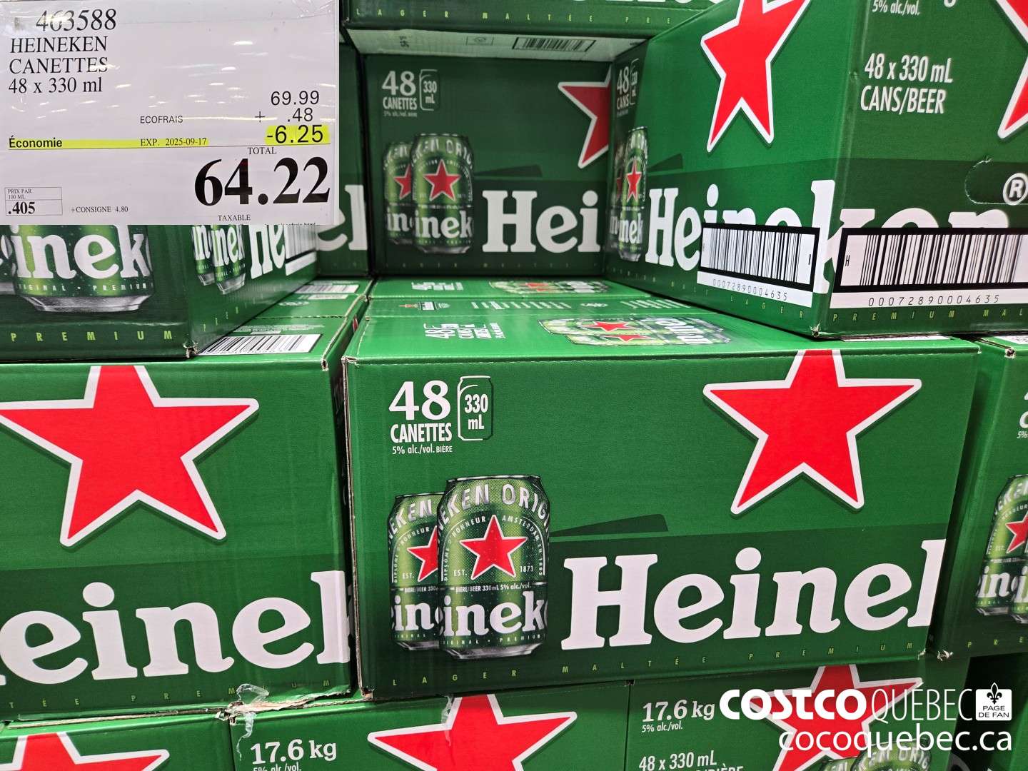 463588 HEINEKEN CANETTES 48 X 330 ML ($6.25 INSTANT SAVINGS EXPIRES ON 2025-09-17) $64.22