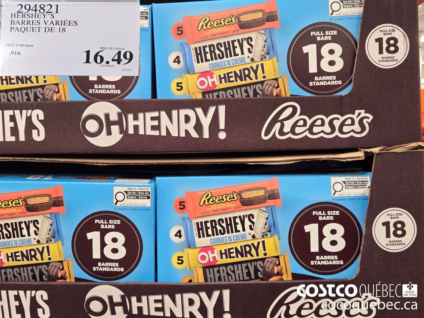 294821 HERSHEY'S BARRES VARIEES PAQUET DE 18 $16.49