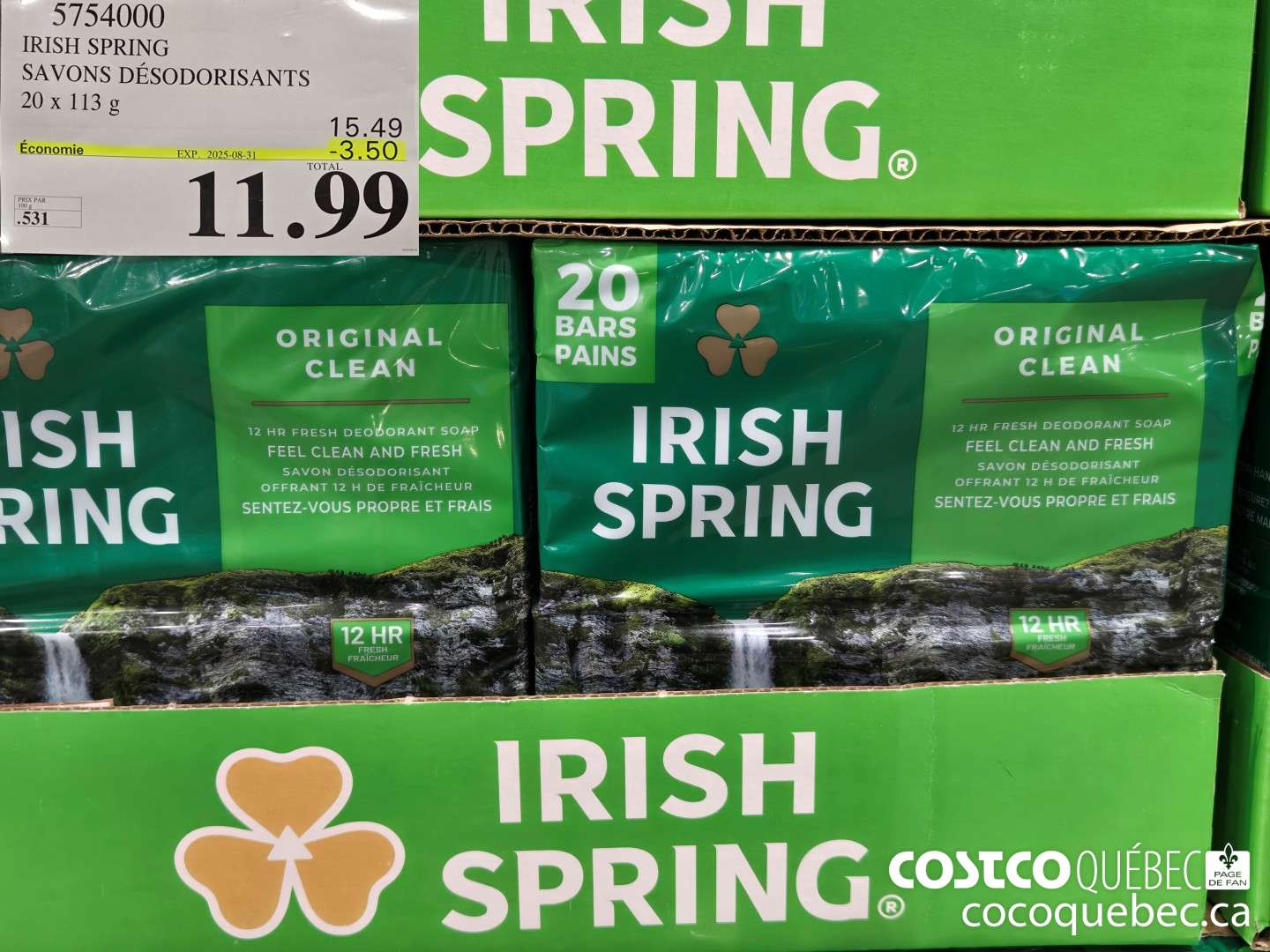 5754000 IRISH SPRING SAVONS DESODORISANTS 20 x 113  ($3.50 INSTANT SAVINGS EXPIRES ON 2025-08-31) $11.99