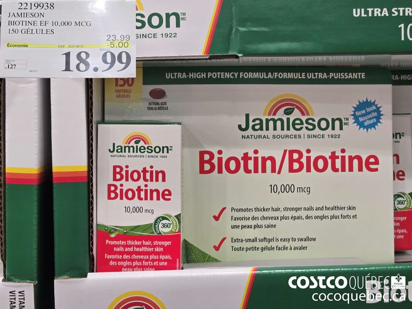 2219938 JAMIESON BIOTINE 10,000 MCG 150 GELULES ($5.00 INSTANT SAVINGS EXPIRES ON 2025-08-31) $18.99