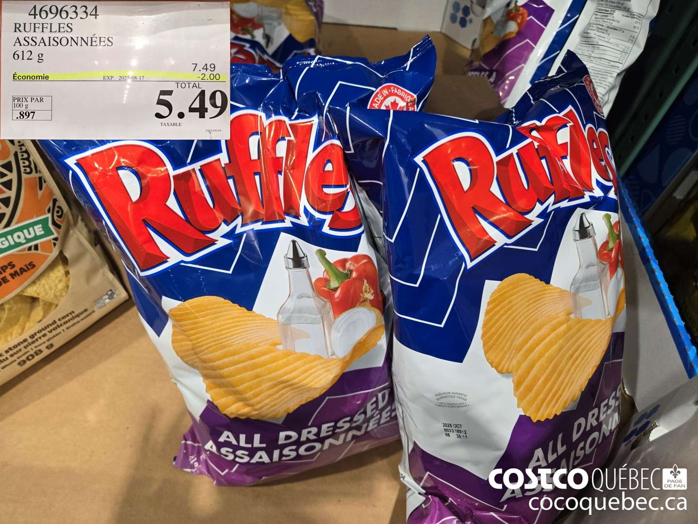 4696334 LAY RUFELES ASSAISONNEES 612 g ($2.00 INSTANT SAVINGS EXPIRES ON 2025-08-17) $5.49