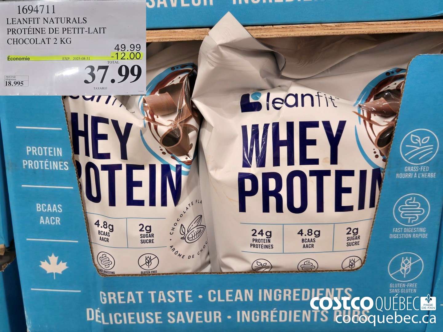 1694711 LEANFIT NATURALS PROTEINE DE PETIT-LAIT CHOCOLAT 2 KG  ($12.00 INSTANT SAVINGS EXPIRES ON 2025-08-31) $37.99