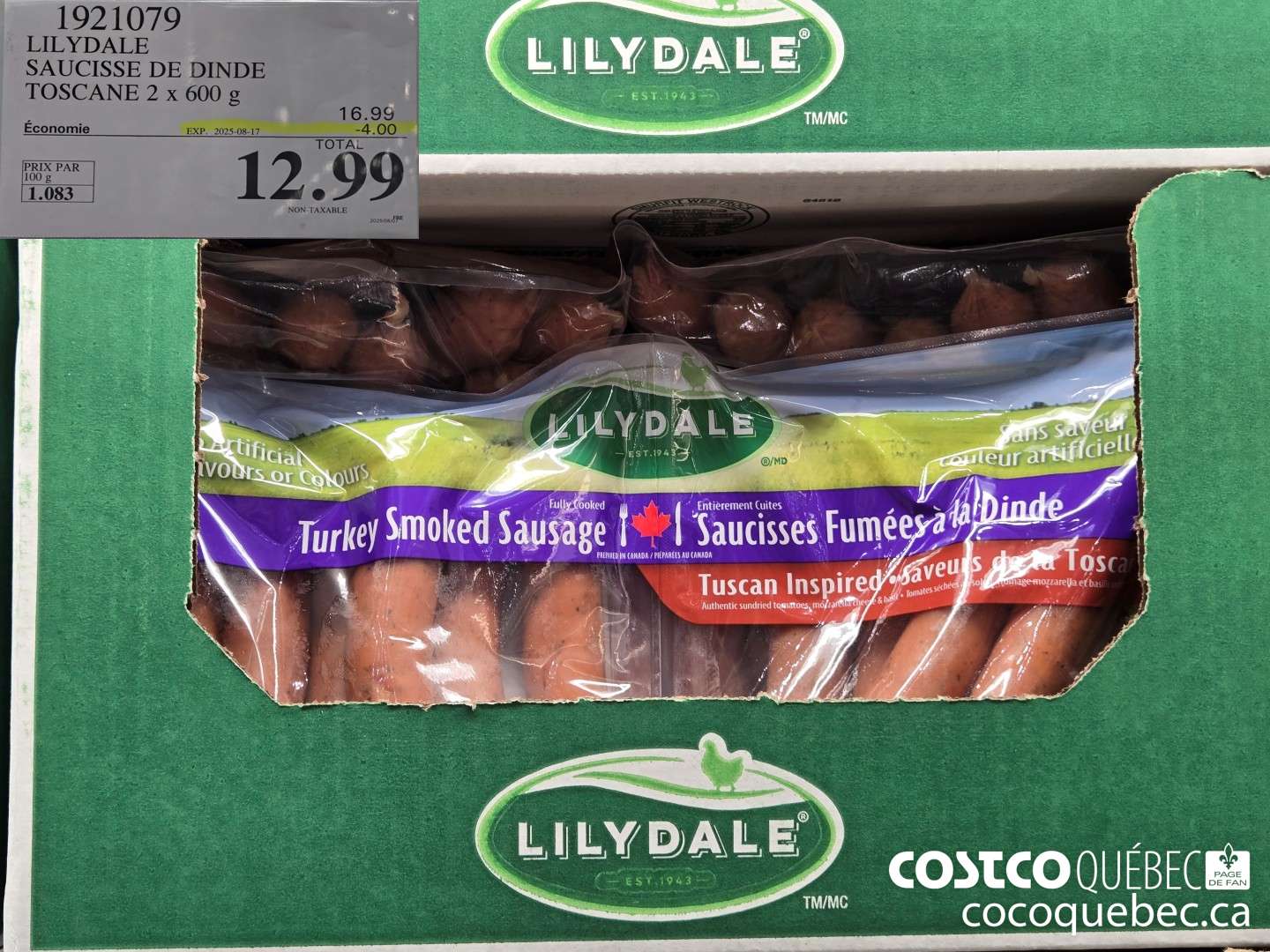1921079 LILYDALE SAUCISSE DE DINDE TOSCANE 2 x 600 g  ($4.00 INSTANT SAVINGS EXPIRES ON 2025-08-17) $12.99