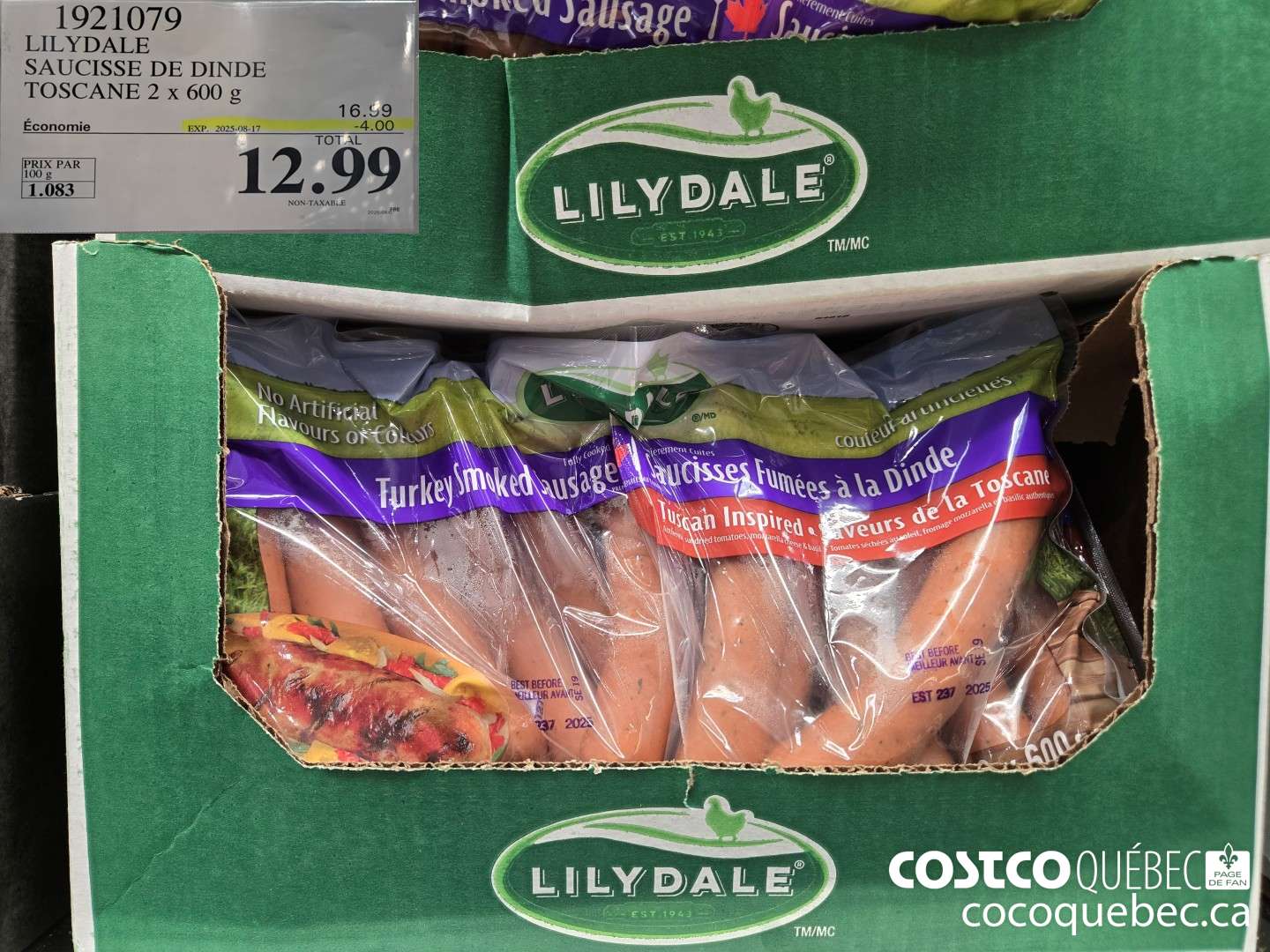 1921079 LILYDALE SAUCISSE DE DINDE TOSCANE 2 x 600 g  ($4.00 INSTANT SAVINGS EXPIRES ON 2025-08-17) $12.99